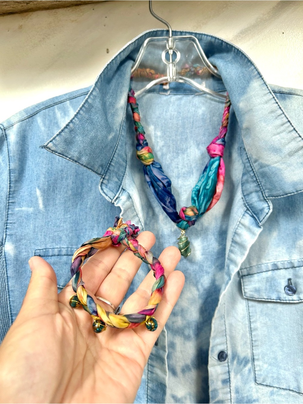 SILK Artisan set watercolour handwoven necklace & bracelet w Gypsy western vibe